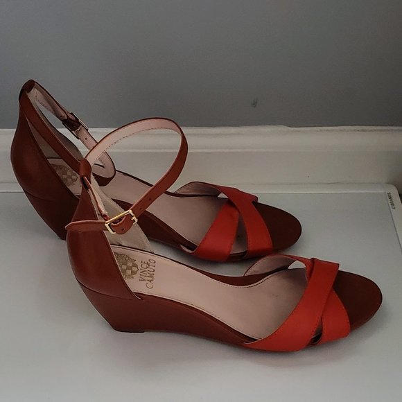 Vince Camuto Orange/Saddle Leather Wedge Ankle Strap Shoes - Picture 4 of 10
